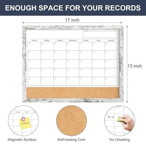 Dry Erase Calendar for Wall, 17x13 Inches Whiteboard Calendar Cork Board Combo, Magnetic Small White Board with Wood Framed, Hanging Dry Erase Board for Office Kitchen Home Planner Memo thumbnail 3
