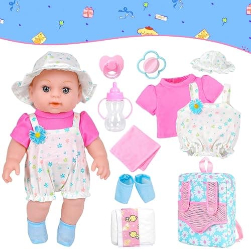 12" Girls Baby Doll Daisy Theme Backpack Carrier Playset,12 Inch Reborn Baby Dolls With Accessories And Clothes Set Toy Stuffs Pink Hanky Diaper Bottle Nipple And Gifts For Baby Toddler Age 3+ thumbnail 8