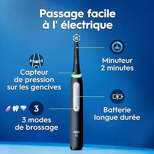 Oral-B Brosse A Dents Electrique iO 3 Noire, 3 Modes De Nettoyage Dont Blancheur, Brossage Silencieux, Capteur De Pression, Brossette De Rechange Oral B, Embout Rond, Chargeur, Etui De Voyage thumbnail 3