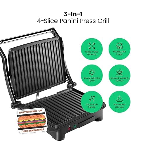 Chefman Panini Press Grill and Gourmet Sandwich Maker, Non-Stick Coated Plates, Opens 180 Degrees to Fit Any Type or Size of Food, Stainless Steel Surface and Removable Drip Tray - 4 Slice thumbnail 2