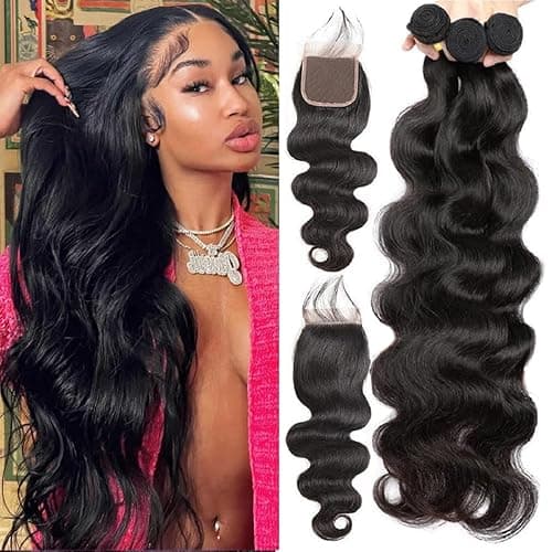 Bundles Human Hair Body Wave Bundles with Closure 100% Unprocessed Brazilian Virgin Human Hair Body Wave 3 Bundles with 4x4 Lace Closure Free Part for Black Women 16 18 20+14 inch - Image 1