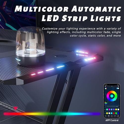 HLDIRECT 47 Inch Gaming Desk with LED Lights, Large RGB Computer Gaming Desk Table with Cup Holder Headphone Hook Mouse Pad, Ergonomic Modern Carbon Fiber Mesa Gamer Pc Work Home Office Desks, Black thumbnail 4
