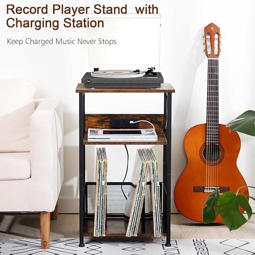AMHANCIBLE Record Player Stand with Charging Station, Turntable Stand with Storage Cabinet, 3 Tier End Table Hold Up to 200 Albums, Record Stand for Vinyl, Living Room, Rustic Brown, HETCD01BR-1 - Brown - W 15.75" x D 11.41" thumbnail 4