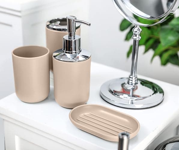 Moss & Stone 6 pcs Bathroom Accessories Set, Bathroom Decor Sets Includes Soap Dispenser, Toothbrush Holder, Toothbrush Cup, Soap Dish, A Bathroom Accessories Sets Complete (Beige) thumbnail 6