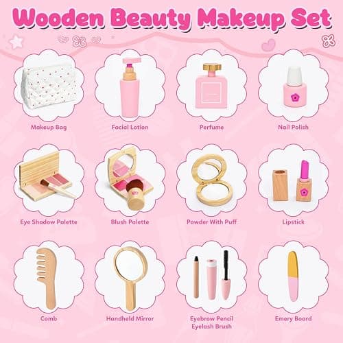 KIDBEST Wooden Makeup Toy Set for Toddler [2026] Play Makeup Kit for Girls 3-5 with Pretend Wood Lipstick/ Mirror/ Brushes/ Cosmetic Set Beauty Girl Birthday Gift Age 3 4 5 6 thumbnail 8