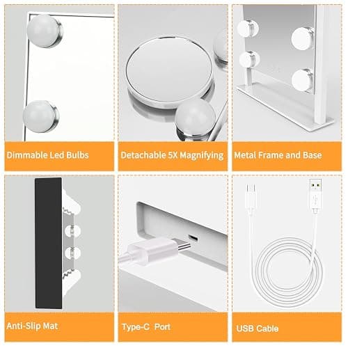 Vanity Mirror with Lights, Hollywood Lighted Makeup Mirror with 3 Color Lighting Modes and 9 Dimmable Bulbs, Detachable 5X Magnification, Smart Touch Control, 360°Rotation, White thumbnail 6