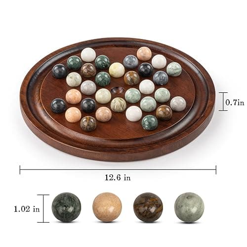 Lingle Deluxe Solitaire Game Set: 12.6'' Solid Wooden Board, 32 Natural Marble Balls, Single-Player Strategy and Smart Games thumbnail 3