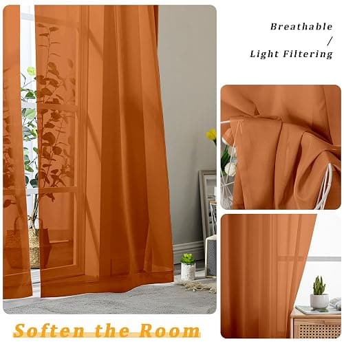 Gwine Burnt Orange Sheer Curtains for Bedroom 54 inches Long 2 Panels, Light Filtering Voile Rod Pocket Curtains, Airy Transparent Fall Sheer Drapes for Living Room, Each 42 Wx54 L thumbnail 4