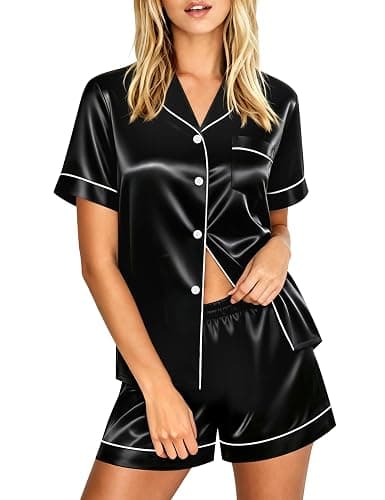 LecGee Womens Silk Satin Pajamas Short Sleeve Loungewear Two-Piece Sleepwear Button-Down Pj Set - Image 1