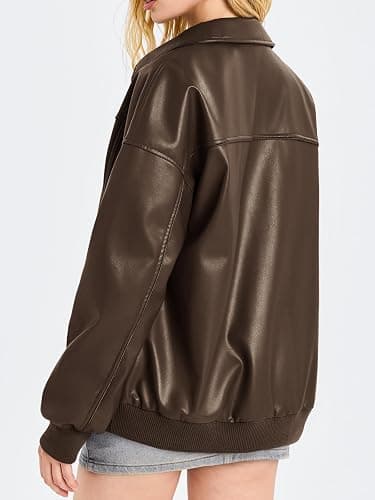 Tankaneo Womens Faux Leather Jackets Oversized Bomber Casual Fall Fashion Zip Up Moto Biker Coats thumbnail 4