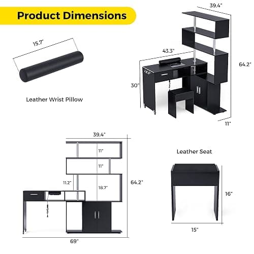 Kikihouse Manicure Table Nail Desk with Stool, Rotating L-Shaped Nail Tech Desk with Dust Collector, Two-Way Drawer, Cabinet & Storage Shelves, Reversible Manicure Workstation on Wheels (Black) thumbnail 2