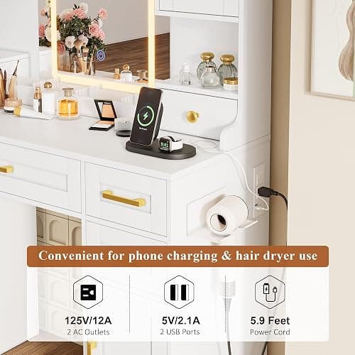 NUNU LAB Large White Vanity Desk with Mirror and Lights | Women Makeup Table with Power Outlet, 3-Color Adjustable Lighting with 5 Drawers for Bedroom Brown thumbnail 6