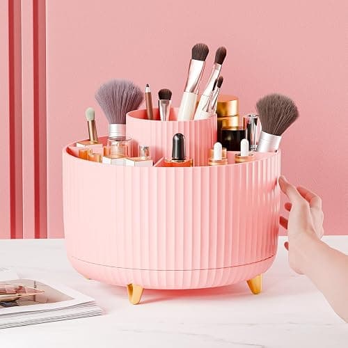 360° Rotate Makeup Brush Holder Organizer, Makeup Organizers Countertop, Makeup organization and Skincare Storage for Vanity, Desktop, Bathroom (Pink) thumbnail 2