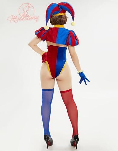 Mobbunny Women's Clown Cosplay Costume Circus Clown Bodysuit Blue Red Bodysuit and Mini Skirt with Gloves and Hat thumbnail 4