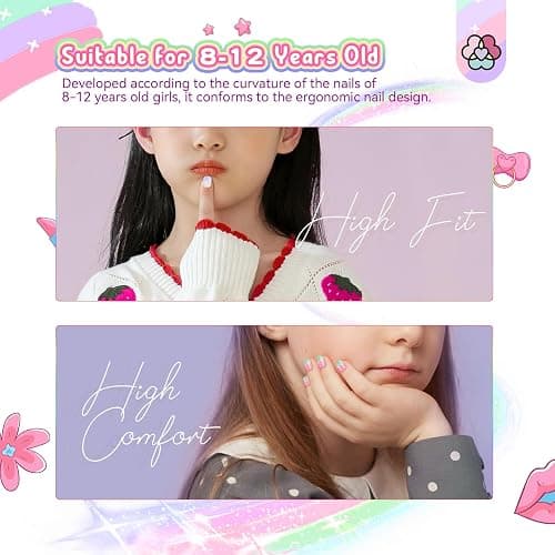 SAVILAND 168Pcs 7 Pack Press on Nails for Kids Children Fake Nails Stick on Nails Pre-glue Full Cover Glitter Gradient Color Star Short Acrylic Nail Tips Nail Art Christmas Easter Gifts for 8-12 Year thumbnail 4