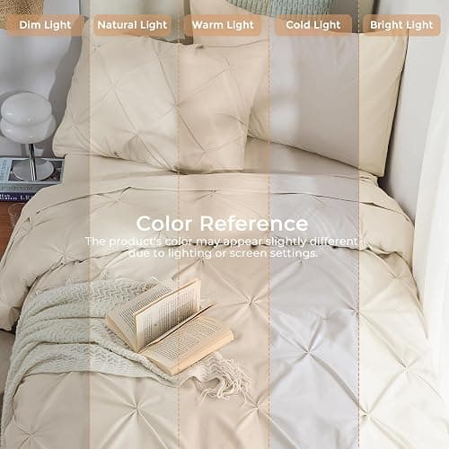Sasttie Twin Comforter Set, 5-Piece Bed in a Bag, Pintuck Bedding Sets for All Season, Includes Comforter, Flat Sheet, Fitted Sheet, Pillowcase and Pillowsham, Beige thumbnail 8