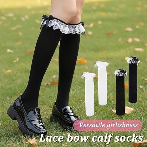 MBAIYO 2 Pairs Knee High Socks with Bow, Women's Lace Ruffle Over The Knee Socks Women's Soft Solid Lace Thigh High Stock Black Lolita Sock Cute Princess Style High Sock for Daily Wear (White + Black) thumbnail 5
