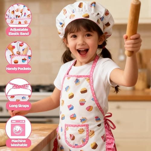 MEIDAYAI 2 Pcs Kid Apron and Chef Hat Set, Adjustable Childrens Cooking Baking Outfit, Pretend Play Dress Up Costume for Toddlers 3-8, Birthday Xmas Gift (White) thumbnail 3