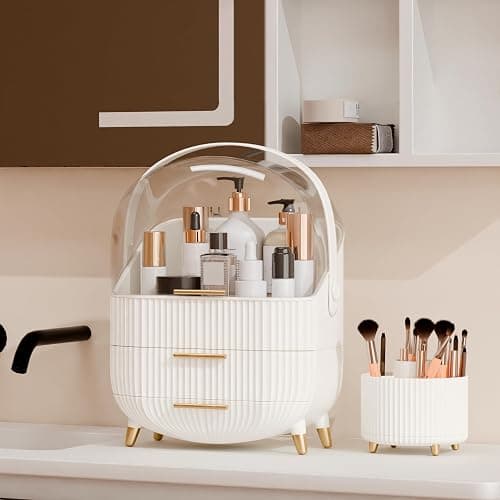 lurcns Makeup Organizers and Storage Make up Organizer for Vanity Cosmetics Skincare With Lid and Drawers Display Cases for Countertop Bathroom Women Teenager Girl Gifts(White+Brush Holder) thumbnail 2