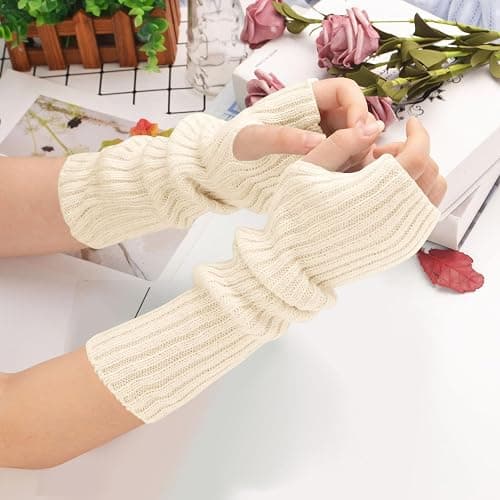 bawilom Women's Long Fingerless Gloves Fashion Stretch Arm Warmers Knit Arm Sleeves for Teen Girl Thumb Hole Stretchy Gloves thumbnail 2