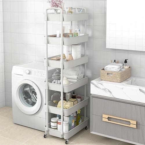 Sywhitta 6-Tier Plastic Rolling Utility Cart with Handle, Multi-Functional Storage Trolley for Office, Living Room, Kitchen, Movable Storage Organizer with Wheels, White thumbnail 7