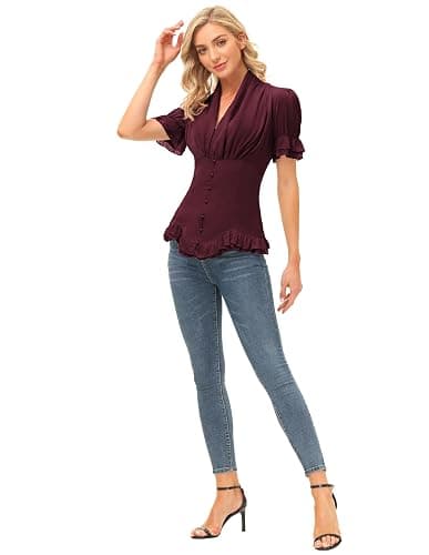 Scarlet Darkness Womens Work Tops Elegant Short Sleeve Victorian Blouse | Ideal for Ren Faire, Pirate Festival, Office, Business, Daily. V Neck, Button Down, Lace Up Back, Lace Patchwork thumbnail 8