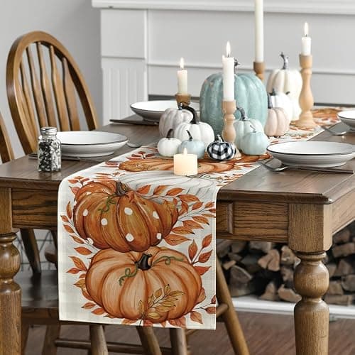 Artoid Mode Buffalo Plaid Orange Pumpkins Eucalyptus Fall Table Runner, Autumn Thanksgiving Kitchen Dining Table Decoration for Home Party Decor 13x36 Inch thumbnail 3