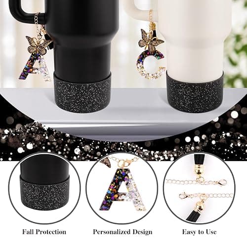 Lingdeer Black Cup Accessories Set for Stanley 30OZ & 40OZ Tumbler with Handle, Letter Charms, Bow & Diamond Straw Covers, Glitter Silicone Boot, Personalized Sticker for Stanley Cup Accessories (E) thumbnail 6