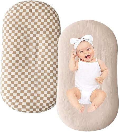 Little Jump Cotton Muslin Baby Lounger Covers, 2 Pack, Soft Removable Slipcovers for Newborn Infant Lounger, for Girls Boys, Coffee Checkered (Checkered & Kakhi) - Image 1