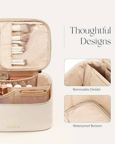 Prite Makeup Bag Portable Cosmetic Organizer with Brush Holder Waterproof Travel Toiletry Bag for Women with Handle and Divider (Beige) thumbnail 5