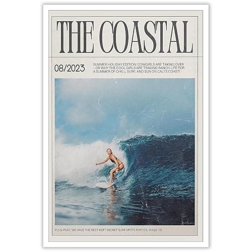 Trendy Summer Coastal Cow Girl Surf Wall Art Surfer Girl Canvas Posters Beach Preppy Aesthetic Magazine Cover Prints Painting For Living Room Bedroom Wall Decor 12x16in Unframed - Image 1