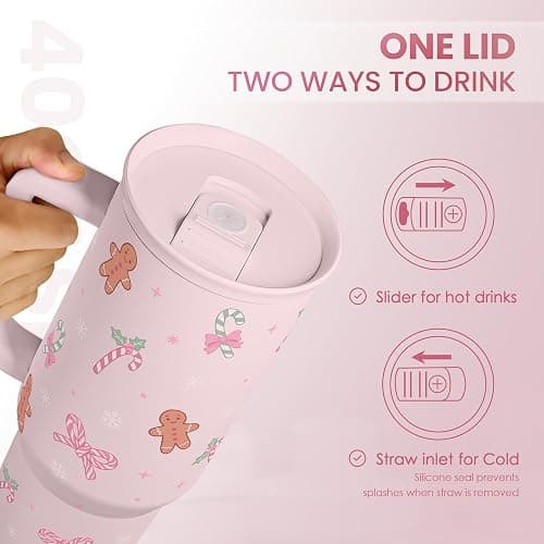 Christmas Theme 40oz Slider Tumbler with Handle and Straw - Insulated Stainless Steel Travel Coffee Mug for Women Girls, Gift for Birthday Xmas thumbnail 5