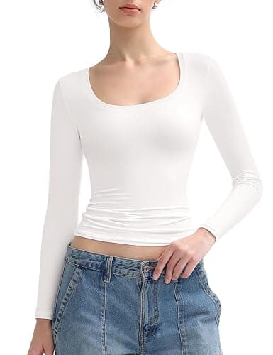 PUMIEY Women's Long Sleeve T Shirts Scoop Neck Slim Fit Going Out Tops Double Lined Basic Tee Smoke Cloud Collection - Image 1