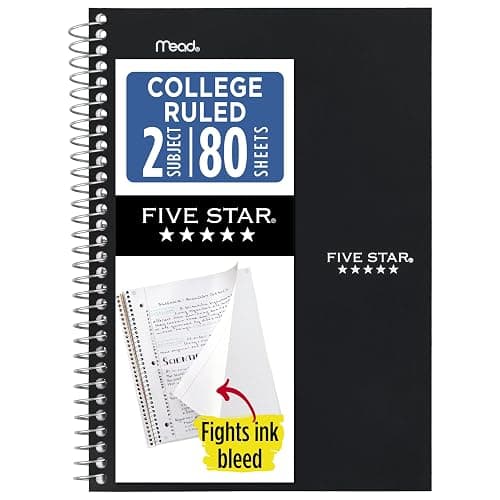 Five Star Spiral Notebook, 2 Subject, College Ruled Paper, 6" x 9-1/2", 80 Sheets, Fights Ink Bleed, Water Resistant Cover, Black (840029AA2-ECM) - Image 1