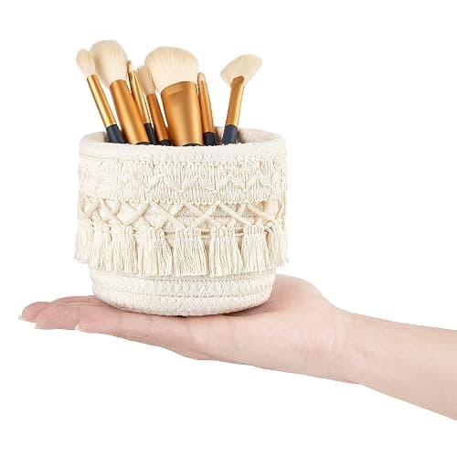 Mkono Macrame Makeup Brush Holder Organizer Comb Brushes Mini Storage Basket Set of 2 Boho Decor Baskets for Pen Pencil Box Container ,Ivory thumbnail 7