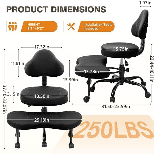 AtHope Cross Legged Office Chair, Criss Cross Desk Chair ADHD Meditation Kneeling Yoga Seat with Adjustable Height, Lumbar Support, Wider Footrest and Wheels (Black) thumbnail 2