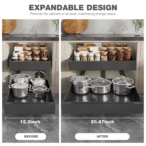 Seinloes 2 Pack Pull Out Cabinet Organizer 22" Deep,Full Extension 3 Slide Rails Slide Out Drawers With Raising Pad for Framed Cabinets,Expandable Width (12.3"-20.5"),No Drill Roll Out Shelf,Black thumbnail 7