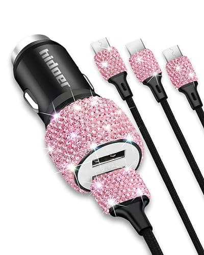 Bling USB Car Charger 5V 2.4A Pink Crystal Decor Dual Port Fast Adapter with 4ft Nylon Type C Micro USB 3 in 1 Multi Charging Cable for iPhone iPad Android, Auto Interior Accessories for Women - Pink - Image 1
