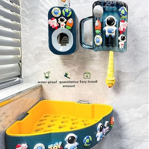 Automatic Toothpaste Dispenser & Toothpaste Holders and Wall Mounted Cup 3 Piece in a Set, is Wall Mounted for Bathroom,Toothpaste Squeezer for Kids & Family Shower by Mr. Thumbs(Navy Blue Set) thumbnail 8