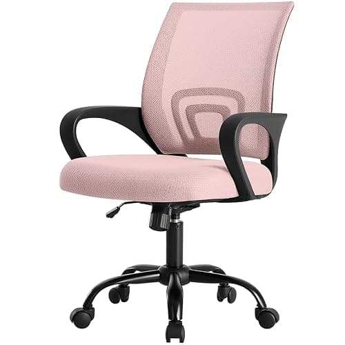 DUMOS Office Desk Chair - Ergonomic Mid Back with Lumbar Support & Rocking Mode, Height Adjustable with Fixed Armrest, Storage Back for Computer, Gaming, Conference, Meeting Room, 360° Swivel, Pink - Image 1