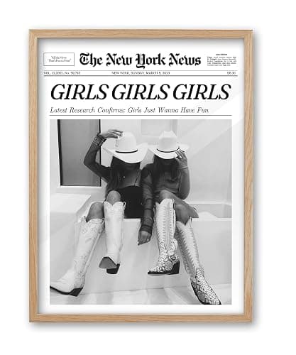 iHery Girls Just Wanna Have Fun Framed Trendy Cowgirl NewsPaper Wall Art, Small 8x10in Natural OAK Wood Black and White Canvas Wall Decor For Bedroom Dorm Living Room,Vintage Bar Car Home 1Pack - Image 1