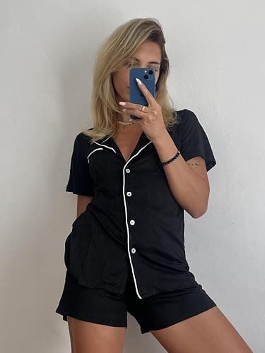 Ekouaer Pajamas Set for Women Short Sleeve Sleepwear Button Down Pj XS-XXXL | Summer 2 Piece Lounge Set, Soft Fabric, Drawstring Waistband, for Bridesmaid Bride Party, Plus Size, Petite, Cute Pattern thumbnail 3