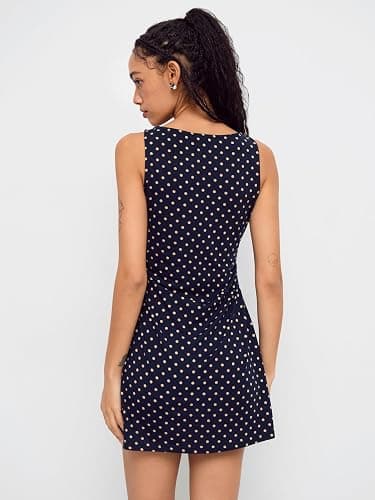 CIDER Mini Dress Polka Dot Ruched Bodycon Boat Neck Sleeveless Casual Elegant Party Date Slim Fit Dresses thumbnail 4