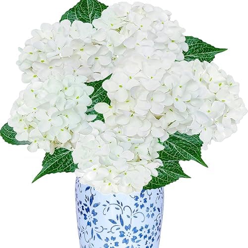 6PCS Premium White Hydrangea Artificial Flowers Bouquets, Ivory Silk Hydrangea Flowers Heads with Stems, Fake Hydrangeas Flowers Arrangement, Faux Hydrangea Decor for Home Wedding Party Baby Shower - Image 1