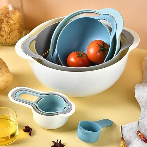 Mixing Bowls, Nesting Baking Bowls with Colander & Fine Mesh (Pebble-8PCS) | BPA-Free, Lightweight, Impact-Resistant, Rinse, Drain, Measure, Repeat, Colorful — Without the Risk. thumbnail 7