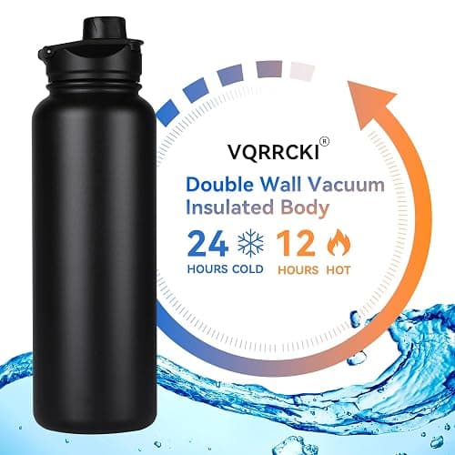 VQRRCKI 40 oz Insulated Water Bottle with Straw, Stainless Steel Sports Water Bottles with 2 Lids (Straw and Wide Mouth lid), Double Wall Vacuum, Leakproof, BPA-Free, Black thumbnail 3