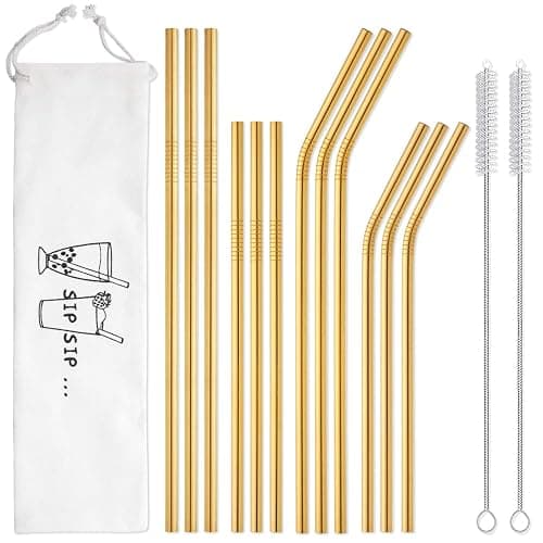 Hiware 12-Pack Gold Stainless Steel Straws Reusable with Case - Metal Drinking Straws for 30oz & 20oz Tumblers Dishwasher Safe, 2 Brushes Included - Image 1