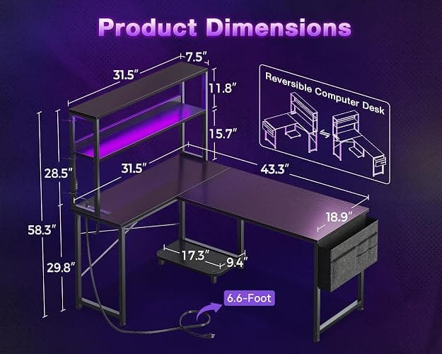 ODK 43" L Shaped Gaming Desk with Shelves, LED & Outlets, Black | Reversible L-shape. LED gaming lights & USB. Headset hook & storage bag. Fits dorms, small bedrooms & compact apartments. thumbnail 3