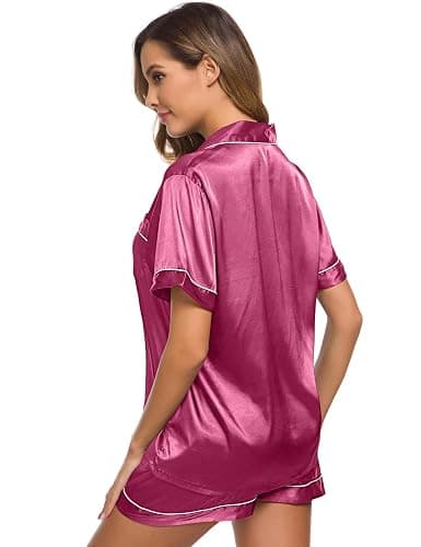 SWOMOG Womens Silk Satin Pajamas Set Short Sleeve Sleepwear Button Down Top and Shorts Loungewear 2 Piece Pjs Set XS-3XL thumbnail 5