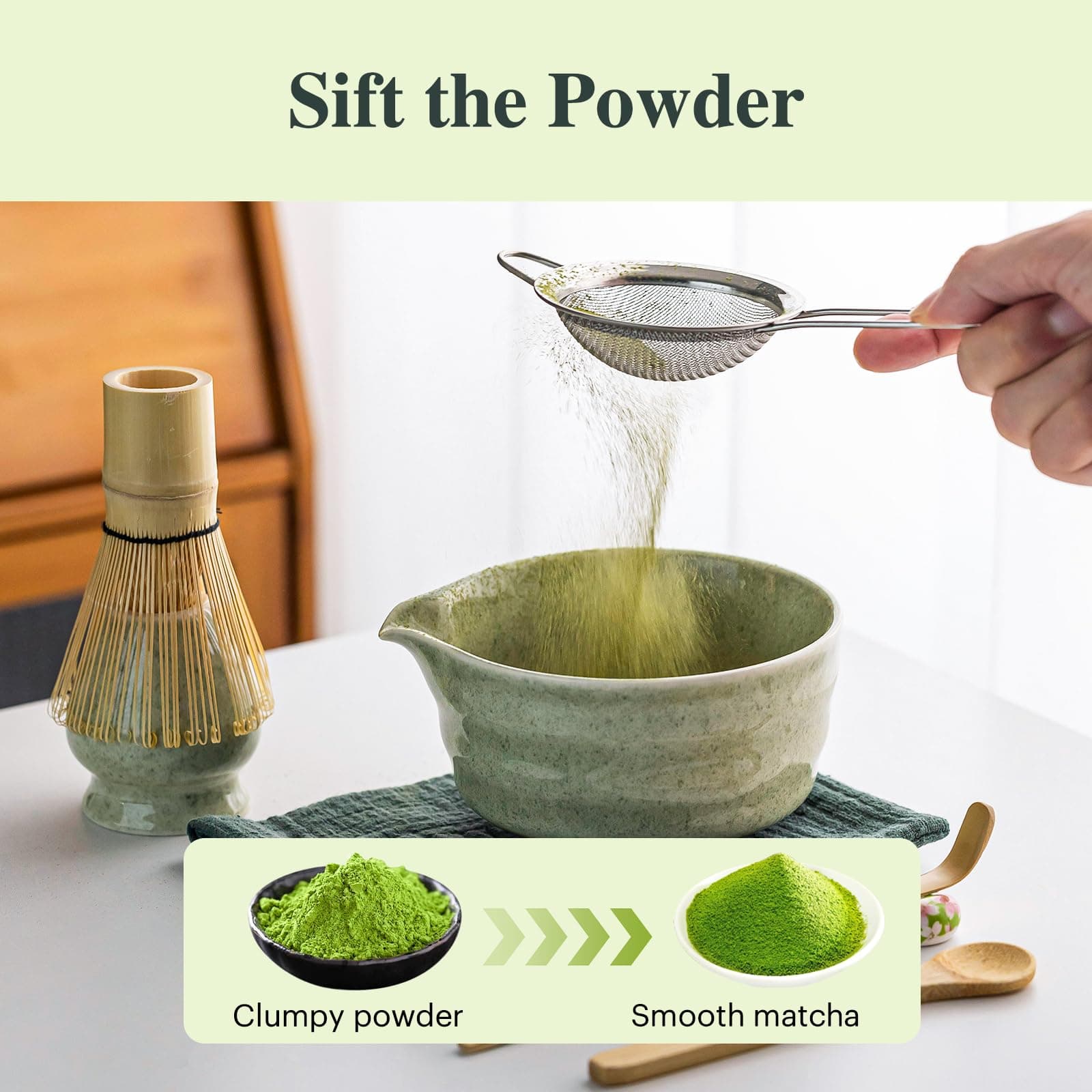 Matcha Whisk Set - 8PCS Kit for Matcha Lover, with Handcrafted Bamboo Whisk Matcha Scoop Matcha Stand Matcha Bowl, Sifter, Tea Cloth (Chakin), Scoop Stand,Wood Spoon thumbnail 4